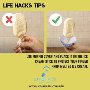 Use muffin cover and place it on the ice cream stick to protect your finger from melted ice cream.