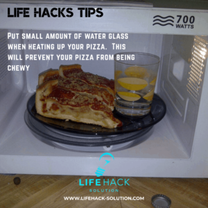 Put small amount of water in water glass when heating up your pizza. This will prevent your pizza from being chewy.